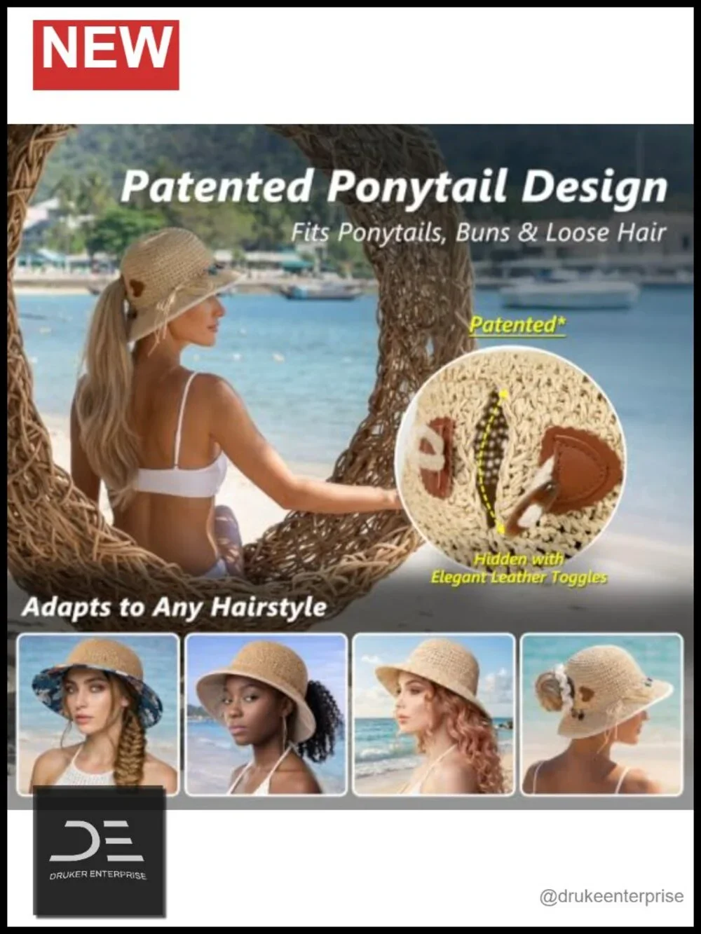 Straw Bucket Sun Hat with Cool Sweatband & Ponytail Opening UPF 80+